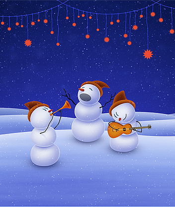 cartão de natal com três bonecos de neve a cantar e tocar